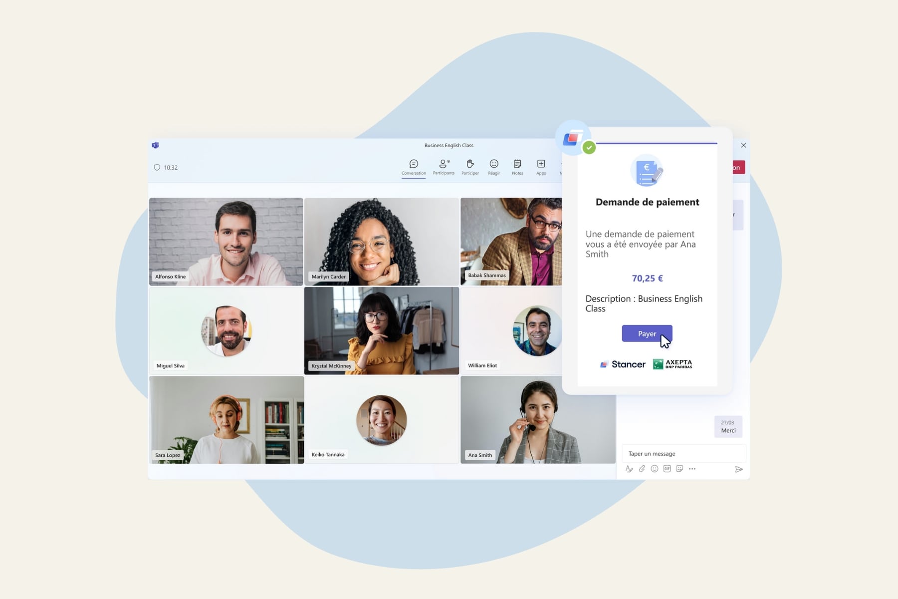 La solution de Stancer permet d'accepter des paiements depuis Microsoft Teams