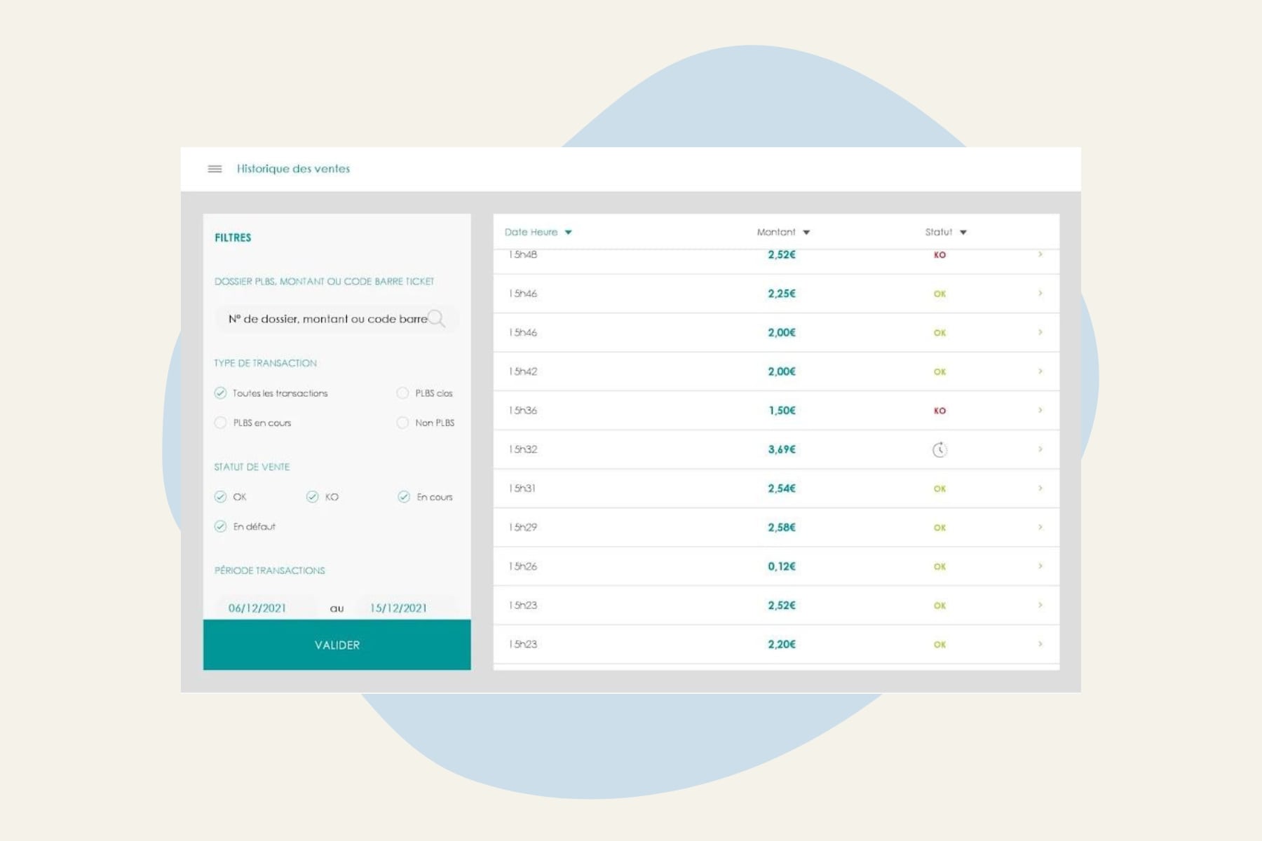 L'historique des ventes de l'application Up2Pay Mobile